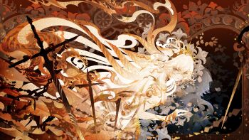 1girl absurdres artist_name bandages blue_eyes chinese_commentary cinderella_(silver_palace) commentary cross crown fire highres incredibly_absurdres long_hair looking_at_viewer looking_back orange_hair sainker silver_palace solo standing very_long_hair white_hair