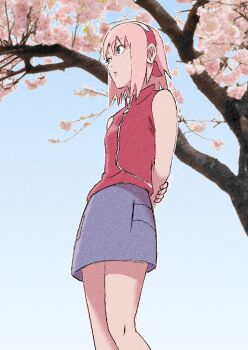 1girl ebata_kyouhei flower green_eyes hair_between_eyes haruno_sakura highres naruto_(series) naruto_shippuuden pink_flower pink_hair short_hair skirt solo tree
