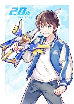 1boy anniversary black_eyes blue_jacket blue_pants brown_hair commentary_request gekiryuken highres holding holding_sword holding_weapon jacket jewelry madan_senki_ryukendo multicolored_jacket narukami_kenji noky03 pants pendant shirt short_hair solo sword two-tone_jacket weapon white_jacket white_shirt