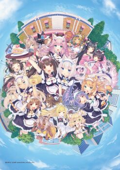2021 6+girls ackee_(nekopara) animal_ears azuki_(nekopara) ball bandaid bandaid_on_face basketball basketball_(object) black_hair blonde_hair blue_eyes blue_sky blush braid brown_eyes brown_hair brownie_(nekopara) cafe cake cake_slice cat_ears cat_girl cat_tail charolette_(nekopara) chewing_gum chocola_(nekopara) cinnamon_(nekopara) city cloud cloudy_sky coconut_(nekopara) commentary cup dark_skin dated_commentary fengil_(nekopara) financier_(nekopara) flower food fraise_(nekopara) green_eyes hair_flower hair_ornament heterochromia highres hug licorice_(nekopara) long_hair lychee_(nekopara) maid maple_(nekopara) mikan_(nekopara) multicolored_hair multiple_girls name_tag nekopara non-web_source official_art open_mouth orange_hair outstretched_arms pastry_box pink_hair purple_hair sayori_(neko_works) scan scan_artifacts sesame_(nekopara) shy siblings sky smile spilling strawberry_shortcake streaked_hair tail tan tea teacup translation_request twins vanilla_(nekopara) white_hair yellow_eyes yuzuha_(nekopara)