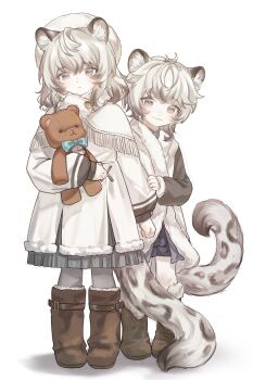 2girls absurdres aged_down arknights behind_another boots brown_boots capelet child chinese_commentary cliffheart_(arknights) closed_mouth coat commentary_request full_body gini_(baojianshiguigongzi) grey_hair hat highres holding holding_stuffed_toy long_hair long_sleeves looking_at_viewer multiple_girls peeking_out pramanix_(arknights) scarf short_hair siblings simple_background sisters smile snow_leopard_ears snow_leopard_girl snow_leopard_tail standing stuffed_animal stuffed_toy teddy_bear white_background white_capelet white_coat white_hat white_scarf winter_clothes