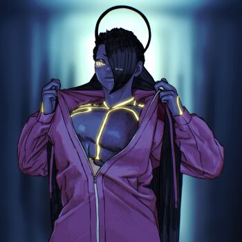 Rule 34 | 1girl, absurdres, aot 4000, artist name, black hair, colored skin, commentary, female seth (street fighter), hair over one eye, hair rings, highres, hood, hood down, hooded jacket, jacket, long hair, neon trim, single hair ring, solo, street fighter, street fighter v