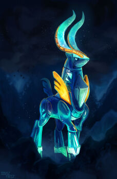 Rule 34 | aqua eyes, artist name, black sclera, closed mouth, colored sclera, commentary, english commentary, full body, highres, horns, imazartz, iron crown, nintendo, non-humanoid robot, pokemon, pokemon (creature), pokemon focus, robot, robot animal, solo