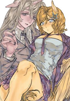 Rule 34 | 2girls, alternate skin color, america (female) (hetalia), america (hetalia), animal ears, axis powers hetalia, black nails, blonde hair, blue eyes, blush, breasts, closed mouth, collared shirt, colored skin, ears down, empty eyes, eyelashes, eyeshadow, feathered wings, feet out of frame, fingernails, formal clothes, genderswap, genderswap (mtf), grey hair, hair between eyes, hair ornament, half-closed eyes, hand up, highres, horns, horse ears, horse tail, jacket, kemonomimi mode, lapels, long fingernails, long hair, long sleeves, looking at viewer, makeup, medium breasts, miniskirt, multiple girls, necktie, open clothes, open jacket, orange skin, pegasus, pink skin, plaid clothes, plaid skirt, purple eyes, purple eyeshadow, purple jacket, purple necktie, purple skirt, russia (female) (hetalia), russia (hetalia), shirt, short hair, sidelocks, simple background, single horn, sitting, sitting on person, skirt, smile, star (symbol), star hair ornament, tail, tank top, teeth, unicorn horn, verysoftpigeon, wavy hair, white background, white tank top, wings