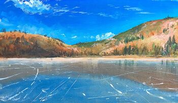 Rule 34 | blue sky, commentary request, day, frozen lake, hill, lake, landscape, mountainous horizon, no humans, original, outdoors, reflection, scenery, sidelocks, sky, tj (tenjiku200), traditional media