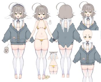 1girl ahoge back_tattoo bald bikini blue_sweater breasts fang fingerless_gloves gloves gold_bikini green_eyes grey_hair head_wings highres huge_ahoge indie_virtual_youtuber looking_at_viewer midriff mole mole_on_ass navel off-shoulder_sweater off_shoulder oimo_0imo oimo_buster open_mouth original reference_sheet small_breasts smile stomach sweater swimsuit tattoo thighhighs toeless_legwear virtual_youtuber white_background wings