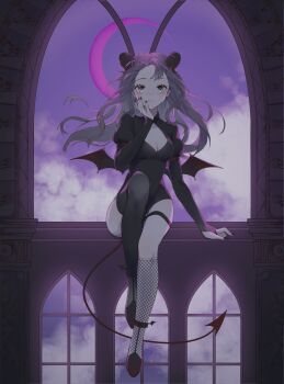 1girl absurdres anklet asymmetrical_legwear black_horns black_leotard black_nails black_shoes black_socks black_tail black_thighhighs black_wings breasts bright_pupils cleavage cleavage_cutout closed_mouth clothing_cutout cloud collared_leotard commentary crescent_moon curled_horns demon_girl demon_horns demon_tail demon_wings diamond_cutout dot_nose eyelashes fishnet_socks fishnets floating_hair full_body grey_eyes grey_hair halloween happy_birthday highres horns indoors jewelry juliet_sleeves knee_up kneehighs knees leotard light_blush long_hair long_sleeves looking_at_viewer mismatched_legwear moon nail_polish night on_windowsill original puffy_sleeves purple_sky shoes sidelocks single_kneehigh single_sock single_thighhigh sitting sky sleeved_leotard sleeves_past_wrists smile socks solo superchickentt tail thigh_strap thighhighs wavy_hair white_pupils window wings