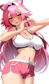1girl animal_ear_fluff animal_ears blush breasts cat_ears cat_girl cleavage cowboy_shot dolphin_shorts hair_intakes heart heart_hands highres hololive hololive_english large_breasts lessone long_hair midriff multicolored_hair navel pink_hair pink_shorts raora_panthera short_shorts shorts solo sports_bra stomach streaked_hair thighs very_long_hair virtual_youtuber white_sports_bra yellow_eyes