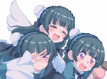 3girls :d ^_^ black_bow black_bowtie black_hair black_ribbon blush bow bowtie bun_cover closed_eyes closed_mouth commentary cream_(nipakupa) multiple_scoops food hair_bun holding holding_food holding_ice_cream holding_ice_cream_cone ice_cream ice_cream_cone long_hair long_sleeves love_live! love_live!_sunshine!! love_live!_sunshine!!_the_school_idol_movie_over_the_rainbow multiple_girls multiple_persona neck_ribbon open_mouth ribbon simple_background single_side_bun smile snowing split_mouth tsushima_yoshiko upper_body v v_over_eye white_background white_wings wide_sleeves wings