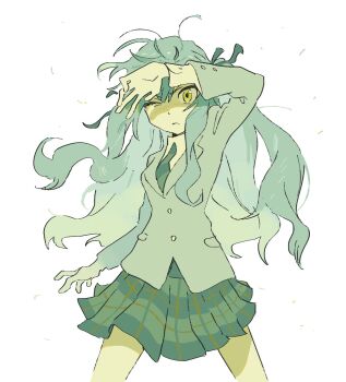 1girl arm_up bang_dream! bang_dream!_it's_mygo!!!!! blue_hair closed_mouth commentary grey_jacket haneoka_school_uniform hashtag-only_commentary highres jacket long_hair mkun606 school_uniform shading_face solo togawa_sakiko two_side_up yellow_eyes