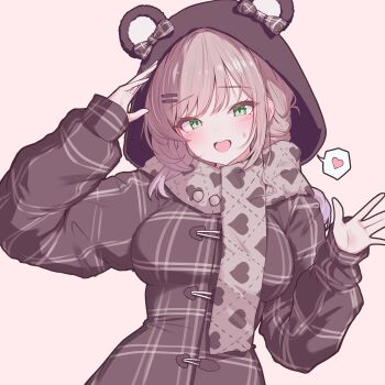 1girl absurdres animal_ear_hood animal_ears arm_up bear_ears blush breasts brown_coat brown_hair coat commentary_request fake_animal_ears green_eyes grey_scarf hair_ornament hairclip hand_up heart heart_print highres hood hood_up hooded_coat large_breasts long_hair long_sleeves looking_at_viewer open_mouth parallel_hairclips pink_background print_scarf rapid17 scarf simple_background small_sweatdrop smile solo speech_bubble spoken_heart swept_bangs upper_body viichan virtual_youtuber waktaverse