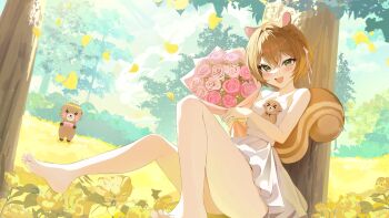 >_< 1girl absurdres alternate_costume animal animal_ears ayunda_risu bare_legs barefoot blush bouquet box breasts brown_hair brown_tail closed_eyes cloud commentary commission crossed_bangs cumulonimbus_cloud day dress falling_leaves feet flower forest gift gift_box green_eyes hair_between_eyes hair_ribbon highres holding holding_bouquet holding_gift hololive hololive_indonesia knee_up leaf legs looking_at_viewer medium_breasts nature outdoors outstretched_leg pink_flower pink_rose pleated_dress ribbon rose short_hair silverrain_72 sitting sleeveless sleeveless_dress soles solo squirrel_ears squirrel_girl squirrel_tail sundress tail thighs toes tree untranslatable_commentary virtual_youtuber white_dress white_ribbon yellow_flower