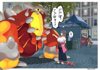 1girl alternate_color apple_hair_ornament artist_name belt belt_bag berry_(pokemon) bewear black_eyes black_pants border breasts brown_eyes brown_hair building character_charm charm_(object) city clothes_around_waist colbur_berry colored_sclera commentary food-themed_hair_ornament food_stand gen_4_pokemon gen_7_pokemon glassy0302 hair_ornament heatran highres horns huge_breasts jacket jacket_around_waist kuraishi_ringo_(glassy0302) lava legendary_pokemon looking_at_another lumiose_city medium_hair mega_heatran mega_pokemon nintendo open_mouth original outdoors outside_border pants payapa_berry pink_jacket pokemon pokemon_legends:_z-a red_bag red_belt red_shoes shiny_pokemon shirt shoes short_sleeves sidelocks smile sneakers speech_bubble standing tamato_berry tatsugiri tatsugiri_(curly) translated tree twitter_username white_border white_shirt yellow_sclera