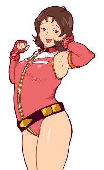Rule 34 | 1girl, armpits, belt, black belt, fingerless gloves, gloves, gundam, kawoshiki, leotard, looking at viewer, mirai yashima, mobile suit gundam, open mouth, pink leotard, red gloves, short hair, smile, solo, white background