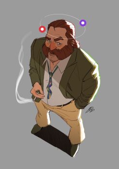 1boy backlighting belt blazer brown_hair cigarette collared_shirt commentary disco_elysium english_commentary facial_hair from_above green_jacket hair_slicked_back hand_in_pocket harry_du_bois highres holding holding_cigarette horrific_necktie jacket male_focus mutton_chops necktie nurve26 raised_eyebrow shirt shirt_tucked_in short_hair smoke smoke_trail solo white_shirt