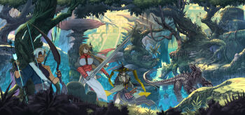 3girls armor arrow_(projectile) black_gloves black_hair blurry blurry_background blurry_foreground bow_(weapon) breasts brown_eyes brown_hair collarbone commentary_request dark-skinned_female dark_skin day depth_of_field fingerless_gloves forest gloves green_eyes highres holding holding_bow_(weapon) holding_sword holding_weapon large_breasts long_hair multiple_girls nagi_itsuki nature original outdoors parted_lips pixiv_fantasia pixiv_fantasia_age_of_starlight pointy_ears scenery statue sword tree weapon white_hair