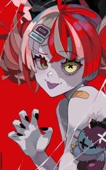 1girl absurdres ahoge bandages bandaid black_bow black_nails bow claw_pose colored_skin colored_tongue commentary diamond-shaped_pupils diamond_(shape) double_bun fingernails grey_hair grey_skin hair_bow hair_bun hair_ornament hairclip heterochromia highres hololive hololive_indonesia kureiji_ollie looking_at_viewer mismatched_pupils multicolored_hair multicolored_skin nail_polish nanndayoo open_mouth patchwork_skin pink_hair purple_tongue red_eyes red_hair red_nails short_hair smile solo stitched_arm stitched_face stitches symbol-shaped_pupils tongue tongue_out toy twintails twitter_username two-tone_skin untranslatable_commentary virtual_youtuber white_skin x-shaped_pupils yellow_eyes zombie