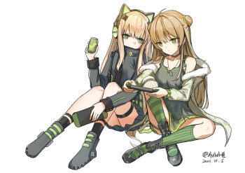 2girls absurdres black_jacket blonde_hair breasts camouflage camouflage_jacket closed_mouth collarbone controller dated double_bun fur-trimmed_jacket fur_trim game_controller girls'_frontline green_eyes green_shirt grey_footwear hair_bun headphones highres holding holding_controller holding_game_controller holding_jar jacket jar light_brown_hair long_hair looking_down multiple_girls on_floor open_clothes open_jacket rfb_(girls'_frontline) sakatakin shirt shoes socks striped_clothes striped_socks tmp_(girls'_frontline) vertical-striped_clothes vertical-striped_socks white_background