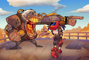 1boy 1girl absurdres adjustable_wrench angry blue_eyes brown_hair burning burning_building commentary english_commentary fortnite highres holding holding_wrench jiansketch megalo_don_(fortnite) meme orange_eyes pointing reflective_floor tagme teeth the_machinist_(fortnite) tongue welding_mask white_hair wrench