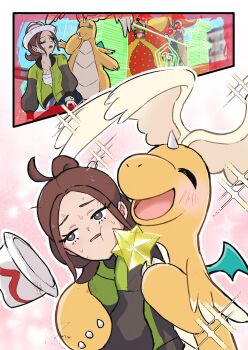 1girl blush bracelet bright_pupils brown_hair cheek_press commentary dragonite gen_1_pokemon gen_6_pokemon glowing glowing_eyes green_jacket grey_eyes harmony_(pokemon) hat highres jacket jewelry mega_dragonite meru_merume603 nintendo open_mouth pokemon pokemon_(creature) pokemon_legends:_z-a pyroar pyroar_(female) pyroar_(male) sidelocks sweat unworn_hat unworn_headwear white_hat white_pupils