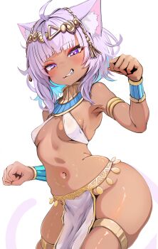 1girl ahoge alternate_costume alternate_skin_color ancient_egyptian_clothes animal_ear_fluff animal_ears blue_hair blush breasts cat_ears cat_girl closed_mouth colored_inner_hair dark-skinned_female dark_skin fang highres hololive kajimakoto looking_at_viewer medium_hair multicolored_hair navel nekomata_okayu paw_pose purple_eyes purple_hair small_breasts smile solo thigh_strap two-tone_hair virtual_youtuber