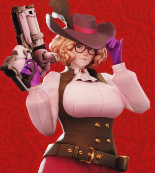 1girl 3d absurdres belt breasts brown_eyes brown_hair closed_mouth commentary cosplay cowboy_shot english_commentary fugtrup glasses gloves gun hat highres holding holding_gun holding_weapon large_breasts long_sleeves looking_at_viewer megami_tensei mei_(overwatch) okumura_haru okumura_haru_(cosplay) overwatch persona persona_5 purple_gloves red-framed_eyewear red_background shirt short_hair solo weapon white_shirt
