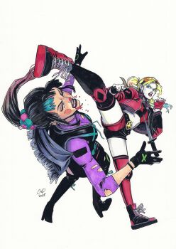 Rule 34 | 2025, 2girls, absurdres, aqua hair, arm freckles, asymmetrical gloves, asymmetrical legwear, batman (series), black boots, black gloves, black hair, black lips, black nails, black shorts, black thighhighs, black tunic, blonde hair, blood, blood from mouth, blue eyes, blue hair, blunt bangs, blush stickers, body freckles, bodystocking, boots, clown, colored skin, commentary, commentary request, dc comics, earrings, english commentary, eyeshadow, fighting, fingerless gloves, freckles, fringe trim, gloves, goggles, goggles on head, gradient hair, groin tendon, harley quinn, highres, jacket, jewelry, kicking, knee pads, knife, korean commentary, looking at another, makeup, midriff, mismatched gloves, mismatched legwear, mixed-language commentary, multicolored hair, multicolored nails, multicolored shorts, multiple girls, open mouth, orange-tinted eyewear, pink hair, ponytail, punchline (dc), purple bodystocking, purple eyeshadow, red gloves, red jacket, red lips, red nails, red shoes, red shorts, red thighhighs, shoes, shorts, sneakers, split-color clothes, thigh boots, thighhighs, tinted eyewear, torn bodystocking, torn clothes, traditional media, tunic, twintails, western comics (style), white background, white skin, youngno