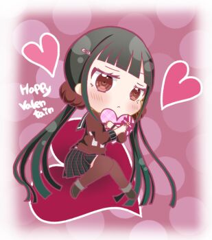 Rule 34 | 1girl, blunt bangs, blush, brown hair, commentary request, danganronpa (series), danganronpa v3: killing harmony, frown, hair ornament, hair scrunchie, hairclip, happy valentine, harukawa maki, heart, holding, holding heart, long hair, long sleeves, looking at viewer, low twintails, misa (usaginosakura), mole, mole under eye, pleated skirt, red eyes, red scrunchie, red shirt, red thighhighs, sailor collar, school uniform, scrunchie, shirt, skirt, solo, thighhighs, twintails