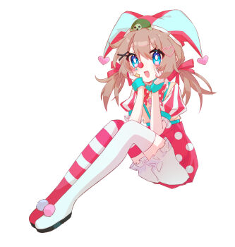 1girl asymmetrical_footwear asymmetrical_legwear bloomers blue_eyes boots bow bowtie brown_hair clown_nose commentary_request facial_mark from_side full_body green_wrist_cuffs hair_ornament hair_ribbon hairclip hands_on_own_cheeks hands_on_own_face hat heart heart_hair_ornament highres jester_cap knee_boots long_hair looking_at_viewer low_twintails mismatched_legwear neuro-sama official_alternate_costume official_alternate_hairstyle pink_boots pink_bow pink_bowtie pink_ribbon pink_skirt polka_dot polka_dot_bow polka_dot_bowtie polka_dot_skirt pom_pom_footwear puffy_short_sleeves puffy_sleeves ribbon short_sleeves sitting skirt solo star_(symbol) star_facial_mark striped_clothes striped_footwear twintails underwear user_hmyv8473 vedal_ai vertical-striped_footwear vertical-striped_hat vest virtual_youtuber white_bloomers white_boots wrist_cuffs x_hair_ornament yellow_vest