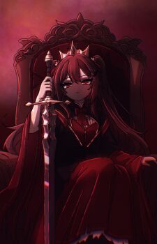 1girl absurdres alternate_costume bow bowtie broken_heart broken_heart_hair_ornament closed_mouth commentary costume_request crown dress english_commentary evil_neuro-sama feet_out_of_frame hair_between_eyes heart highres holding holding_sword holding_weapon indoors long_dress long_hair long_sleeves neuro-sama nythlinvt red_bow red_bowtie red_dress red_eyes sidelighting sitting solo sword throne two_side_up vedal_ai virtual_youtuber weapon