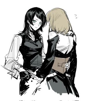 2girls bang_dream! bang_dream!_it&#039;s_mygo!!!!! black_dress black_gloves black_vest blonde_hair blue_eyes blush brown_corset clothing_cutout commentary corrupted_twitter_file corset cracy_logan doloris_(bang_dream!) dress gloves hand_in_pants highres implied_fingering medium_hair misumi_uika multiple_girls shoulder_cutout simple_background sweatdrop timoris_(bang_dream!) vest white_background yahata_umiri yuri