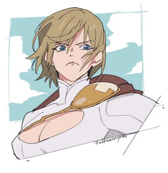 1girl blonde_hair blue_eyes breasts cape cleavage cleavage_cutout clothing_cutout dc_comics dc_universe_(franchise) hokkemaruyaki looking_at_another looking_to_the_side power_girl solo