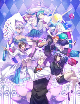 10s 3boys 5girls :d ace_(playing_card) anger_vein arita_mayu ball bangle bare_shoulders bartender belt billiard_ball billiards black_hair blonde_hair blue_eyes blue_hair bottle bow bowtie bracelet braid breast_pocket brown_hair candy card carrying castra_(death_parade) chiyuki_(death_parade) clavis_(death_parade) closed_eyes club_(shape) clubs collarbone crossed_legs crown cue_stick cuff_links dart dartboard death_parade decim_(death_parade) diamond_(shape) ear_piercing eyepatch fleur-de-lis flower food ginti green_hair hand_on_own_chest hand_on_own_knee heart high_heels highres hood hoodie jacket jewelry kurokami_no_onna lab_coat lollipop long_hair long_sleeves lotus midriff miniskirt multicolored_hair multiple_boys multiple_girls necklace necktie nona_(death_parade) open_mouth orange_eyes pendant piercing playing_card pleated_skirt pocket purple_eyes quin_(death_parade) red_eyes red_hair shaker shirt_tucked_in short_hair shoulder_carry skirt skull sleeves_rolled_up smile spade spiked_hair streaked_hair suit_jacket suzaku_(zaku6584) updo vest white_hair wine_bottle zipper