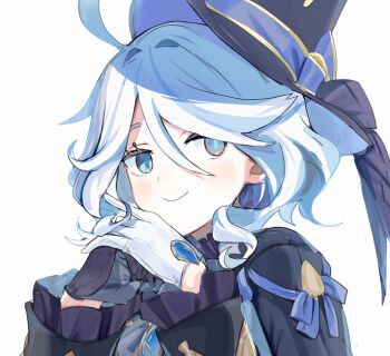 Rule 34 | 1girl, ahoge, asymmetrical gloves, black gloves, black hat, blue eyes, blue hair, furina (genshin impact), genshin impact, gloves, hair between eyes, hat, long sleeves, looking at viewer, mismatched gloves, mismatched pupils, multicolored hair, mxkjxm (nhss2337), own hands together, simple background, smile, solo, top hat, upper body, white background, white gloves, white hair