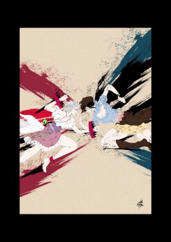 Rule 34 | 2girls, animal ears, ankle cuffs, barefoot, bear trap, black eyes, black hair, black wings, blue scarf, blue shirt, boots, breasts, brown boots, brown hat, commentary request, cowboy hat, dog ears, dog tail, frilled skirt, frills, hat, highres, horse tail, jewelry, kurokoma saki, large breasts, layered clothes, looking at another, mitsugashira enoko, multiple girls, necklace, off-shoulder shirt, off shoulder, pink shirt, pink skirt, ponytail, purple shirt, running, scarf, shirt, signature, simple background, skirt, tail, thighs, touhou, white hair, wings, yamada satoshi