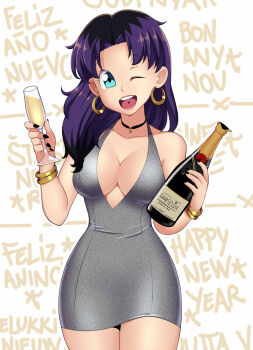 Rule 34 | 1girl, absurdres, alcohol, black hair, blue eyes, bottle, bracelet, breasts, champagne, champagne bottle, champagne glass, choker, cleavage, collarbone, cup, dress, drink, drinking glass, earrings, grey dress, happy new year, heart, heart choker, highres, holding, holding bottle, holding drink, jewelry, large breasts, long hair, looking at viewer, multicolored hair, new year, one eye closed, open mouth, original, piercing, purple hair, sidney (zeshgolden), sleeveless, sleeveless dress, smile, standing, teeth, tongue piercing, two-tone hair, white background, wide hips, wink, zeshgolden