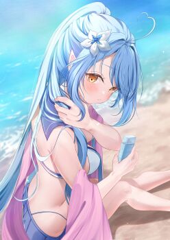 1girl absurdres ahoge alternate_costume beach bikini blue_hair blue_skirt breasts closed_mouth commentary_request crossed_bangs day double-parted_bangs elf flower hair_between_eyes hair_flower hair_ornament heart heart_ahoge highres holding hololive long_hair looking_at_viewer medium_breasts outdoors pleated_skirt pointy_ears ponytail shagaihi skirt solo stomach swimsuit very_long_hair virtual_youtuber white_bikini white_flower yellow_eyes yukihana_lamy