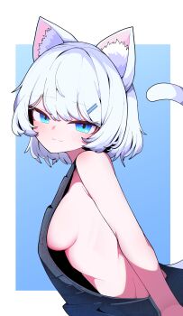 1girl absurdres animal_ear_fluff animal_ears black_overalls blue_background blue_eyes blush border breasts cat_ears cat_girl cat_tail character_request closed_mouth commentary_request copyright_request from_side groin hair_ornament hairclip hh highres korean_commentary leaning_forward looking_at_viewer medium_breasts naked_overalls outside_border overalls parallel_hairclips short_hair sideboob smile solo split_mouth tail upper_body virtual_youtuber white_border white_hair