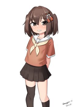 Rule 34 | 1girl, absurdres, aged down, asymmetrical legwear, black skirt, black socks, black thighhighs, brown eyes, brown hair, dated, feet out of frame, highres, kantai collection, maru (marg0613), mismatched legwear, one-hour drawing challenge, orange shirt, sailor collar, sailor shirt, school uniform, sendai (kancolle), sendai kai ni (kancolle), serafuku, shirt, simple background, single socks, single thighhigh, skirt, socks, solo, thighhighs, twitter username, two side up, white background, white sailor collarr