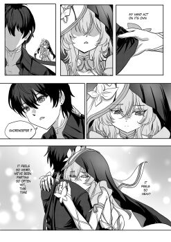 1boy 1girl absurdres closed_mouth clothes_tug commentary english_commentary english_text flareza greyscale hair_between_eyes highres hug jacket long_hair male_rover_(wuthering_waves) monochrome no_eyes parted_lips partially_shaded_face rover_(wuthering_waves) sad shirt shorekeeper_(wuthering_waves) two-tone_veil wuthering_waves