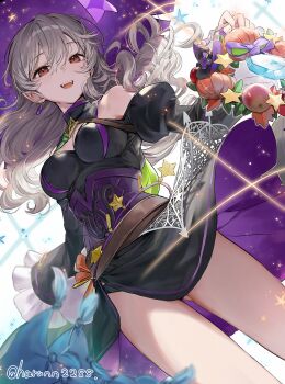 1girl absurdres apple belt black_panties bow breasts cleavage dragonstone earrings female_corrin_(fire_emblem) female_corrin_(halloween)_(fire_emblem) fire_emblem fire_emblem_fates fire_emblem_heroes food from_below fruit gluteal_fold grey_hair hair_between_eyes haru_(nakajou-28) hat highres jewelry large_breasts long_hair looking_at_viewer nintendo official_alternate_costume open_mouth panties pointy_ears pumpkin red_eyes solo standing star_(symbol) thighs underwear witch witch_hat