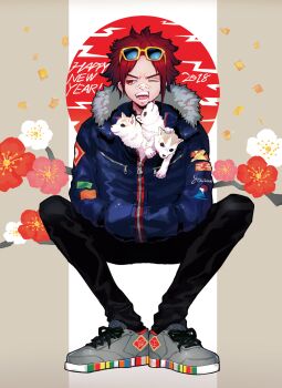 1boy 2018 blue_jacket chinese_zodiac full_body happy_new_year highres jacket male_focus nengajou new_year one_eye_closed open_mouth original pants puppeteer7777 red_eyes red_hair short_hair smile solo spiked_hair teeth year_of_the_dog