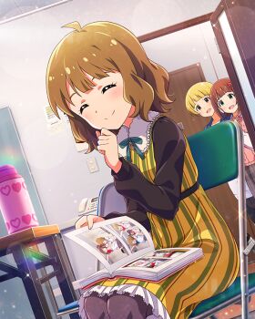 3girls ^_^ amami_haruka book book_on_lap brown_hair card_commentary chair closed_eyes closed_mouth commentary_request dress dutch_angle folding_chair fukuda_noriko game_asset idolmaster idolmaster_(classic) idolmaster_million_live! idolmaster_million_live!_theater_days indoors long_sleeves multiple_girls official_art open_book ricotta_(idolmaster) short_hair sitting smile striped_clothes striped_dress suou_momoko third-party_source turning_page vertical-striped_clothes vertical-striped_dress yellow_dress