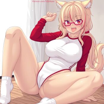 1girl animal_ear_fluff animal_ears arm_support blonde_hair breasts cameltoe cat_ears cat_girl cat_tail commentary covered_erect_nipples glasses highres impossible_clothes impossible_leotard large_breasts leotard long_hair looking_at_viewer multicolored_hair nottytiffy open_mouth original patreon_username red_eyes red_hair semi-rimless_eyewear sitting slit_pupils solo spread_legs streaked_hair tail teeth tiffy_(nottytiffy) tongue tongue_out twintails under-rim_eyewear upper_teeth_only