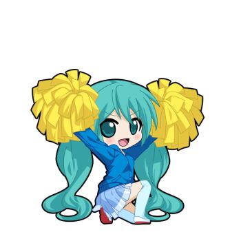 Rule 34 | 1girl, :d, aqua eyes, aqua hair, arms up, black outline, blue jacket, blue skirt, blue thighhighs, blush, cheerleader, chibi, chibi only, full body, game asset, hatsune miku, hatsune miku graphy collection, holding, holding pom poms, jacket, long hair, long sleeves, looking at viewer, on one knee, open mouth, outline, pleated skirt, pom pom (cheerleading), pom poms, shoes, skirt, smile, solo, thighhighs, transparent background, twintails, uwabaki, v-shaped eyebrows, very long hair, vocaloid
