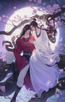 2boys arm_around_neck artist_name backlighting bandaged_neck bandaged_wrist bandages beads belt black_belt black_boots black_hair black_nails black_sash blue_sky boots bracelet braid branch brown_hair bud bug butterfly butterfly_necklace chinese_clothes clear_sky closed_eyes closed_mouth couple ear_piercing eyelashes eyepatch facing_viewer fingernails floating_hair flower flower_request full_body full_moon glowing glowing_butterfly grey_sky hair_beads hair_behind_ear hair_bun hair_ornament hair_over_one_eye hair_ribbon hair_tie half-closed_eyes hand_up hanfu happy heads_together highres hua_cheng insect jewelry knee_up laughing leaning_on_person leaning_to_the_side leather leather_boots legs_together light_particles light_smile lisa_buijteweg long_hair long_sidelocks long_sleeves looking_at_another loose_belt male_focus mandarin_collar moon moonlight multiple_boys nature necklace night night_sky outdoors pants pants_tucked_in parted_bangs parted_lips piercing pink_flower pointy_ears puffy_lips puffy_long_sleeves puffy_sleeves purple_sky red_eyes red_hanfu ribbon sash scenery side-by-side side_braid sidelocks silver_belt silver_bracelet silver_necklace single_braid single_hair_bun sitting sitting_on_branch sky straight_hair string string_around_finger string_of_fate swept_bangs teeth thick_eyelashes tianguan_cifu twirling_string twitter_username upper_teeth_only very_long_hair white_butterfly white_hanfu white_pants white_ribbon wide_sleeves xie_lian yaoi yuanlingpao