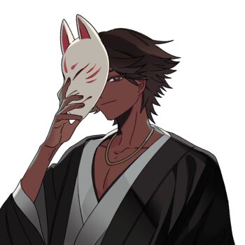 1boy black_kimono brown_hair dark-skinned_male dark_skin dr_metagross fire_emblem fire_emblem_engage fogado_(fire_emblem) fox_mask highres japanese_clothes jewelry kimono male_focus mask necklace nintendo pectoral_cleavage pectorals prince star-shaped_pupils star_(symbol) symbol-shaped_pupils