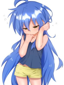 1girl ahoge bare_arms bare_shoulders biting_own_hand blue_camisole blue_hair blush camisole cowboy_shot dot_nose green_eyes gsa082rnw hand_on_own_head hands_up highres izumi_konata legs_apart long_hair looking_down lucky_star midriff_peek mole mole_under_eye shirt short_shorts shorts simple_background sleeveless sleeveless_shirt solo standing thighs very_long_hair white_background yellow_shorts