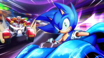 2boys beard car dr._eggman driving facial_hair goggles goggles_on_head green_eyes highres jacket male_focus motion_blur motor_vehicle multiple_boys racing red_jacket reksarts smirk sonic_(series) sonic_racing:_crossworlds sonic_the_hedgehog upper_body