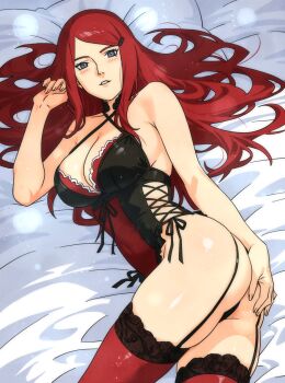 Rule 34 | 1girl, ass, babydoll, bare arms, bare shoulders, blush, breasts, cleavage, curvy, garter belt, garter straps, highres, indoors, large breasts, lingerie, long hair, looking at viewer, lying, mature female, nanxdaime, narrow waist, naruto (series), naruto shippuuden, no bra, on bed, on side, presenting, presenting ass, purple eyes, red hair, sagging breasts, smile, solo focus, thick thighs, thighhighs, thighs, underwear, upper body, uzumaki kushina, very long hair, welcoming, wide hips